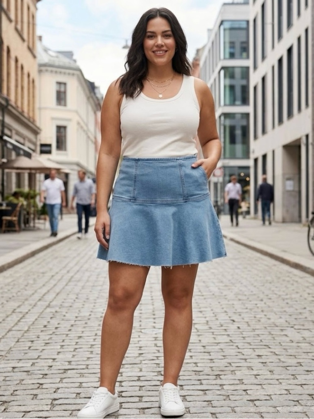 We The Free Light Blue Denim Skater Mini Skirt